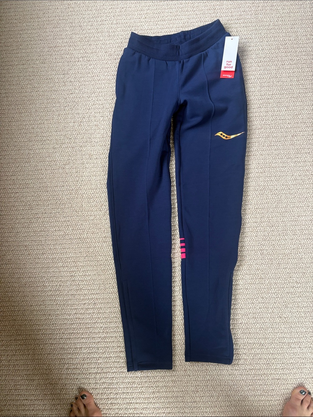 Saucony Navy Leggings with Pink Stripe and Gold Logo